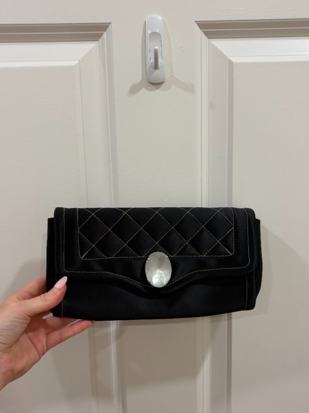 Franchi Black Satin Evening Clutch with Pearl Accent